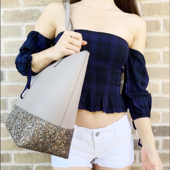 Gaby’sBags👜💕-Kate Spade Large Glitter Tote Gray - Picture 4 of 7